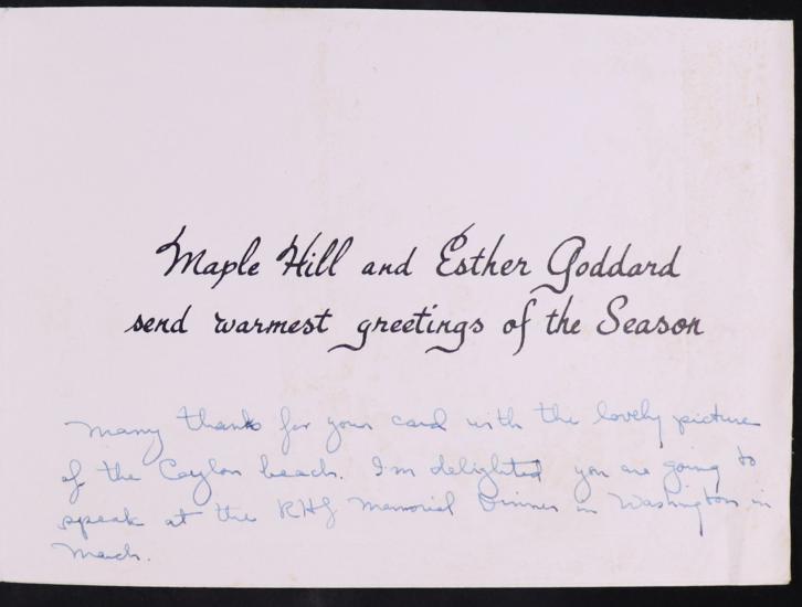 White card, preprinted text "Maple Hill and Esther Goddard send warmest greetings of the Season" personal handwritten text to Arthur C. Clarke