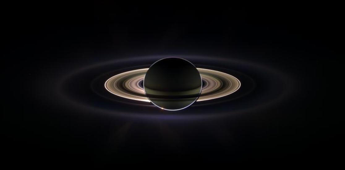 A photo taken by Cassini while it was floating through Saturn's shadow. 