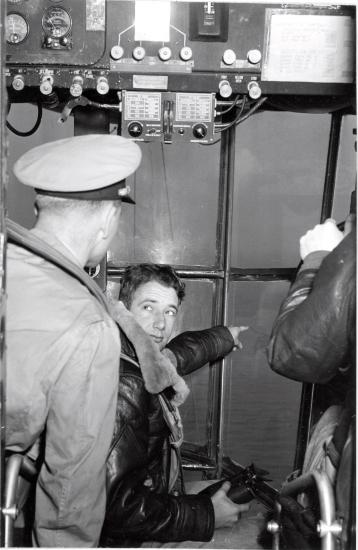 Three airmen inside K-ship cabin