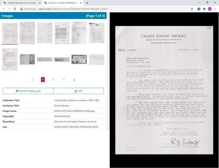 Screen capture of collection slideshow. Upper left corner shows thumbnails of multiple documents. Bottom left has metadata. Right side of screen is a larger version of an individual document.