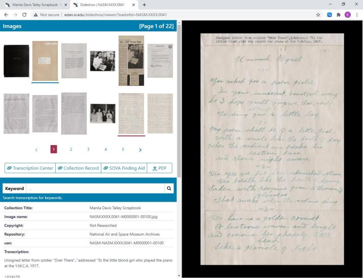 Screen capture of Smithsonian Online Virtual Archives slideshow page. Thumbnails of documents in upper left corner. Metadata and transcription in lower left corner. Larger document on right hand side.