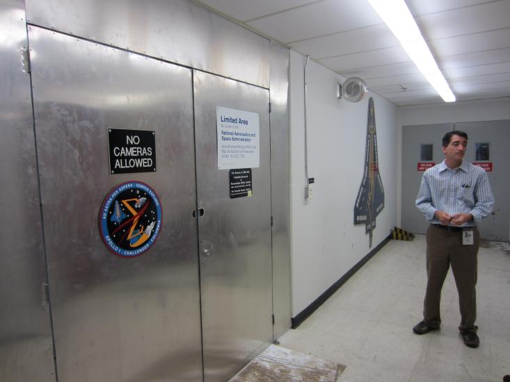 Michael Ciannilli of NASA's Columbia Research and Preservation Office, near the room housing Columbia’s debris.