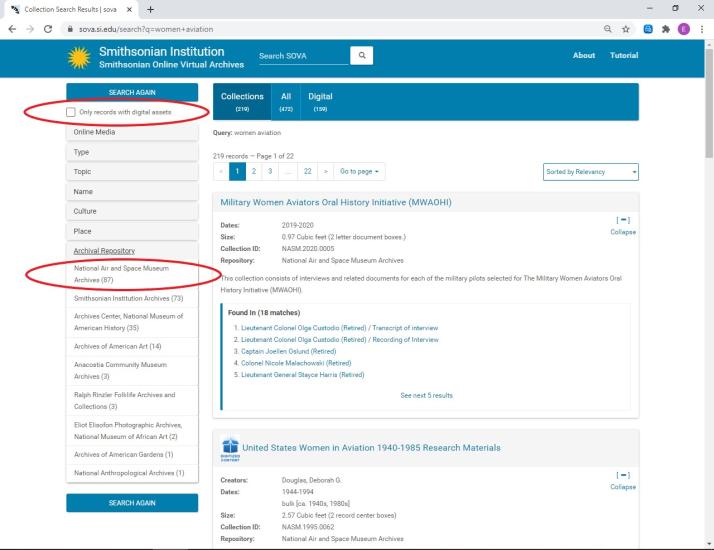 Screenshot of the search results on Smithsonian Online Virtual Archives. On left menu, "Only records with digital assets" is circled in red and "National Air and Space Museum" is circled in red.