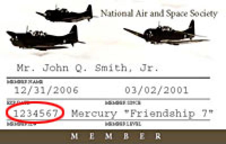 A membership card for the National Air and Space Society, with three planes above the membership information.