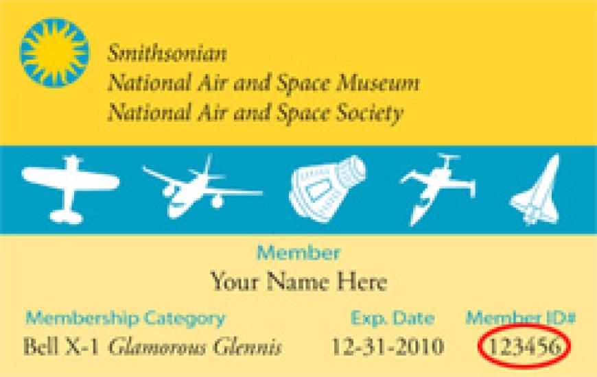 Yellow and blue sample National Air and Space Society membership card with white aviation and space icons in the middle of the card.