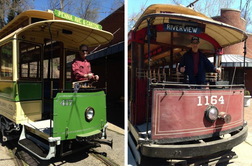 The author at the controls of two trolleys