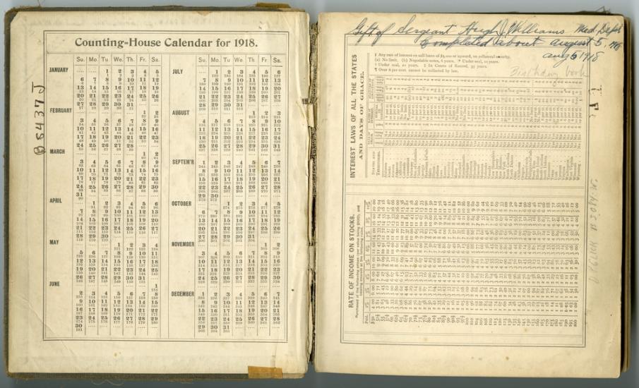 Two side-by-side pages of a book, of which the left page features a 1918 calendar headed as "Counting-House Calendar for 1918" and the right page has writing mentioning its purpose as a birthday book alongside the gifter of the book.