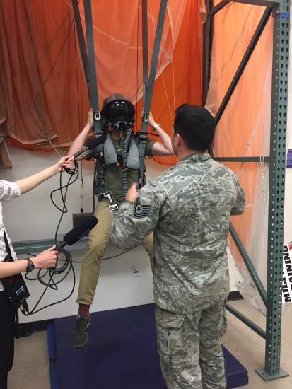 AirSpace host Nick Partridge tries parachute simulator