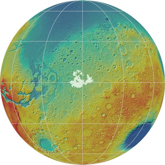 A multi-colored topographical map displaying the altitudes of the Meridiani Planum region of Mars and surrounding areas. The white area in the middle represents deposits in the region.