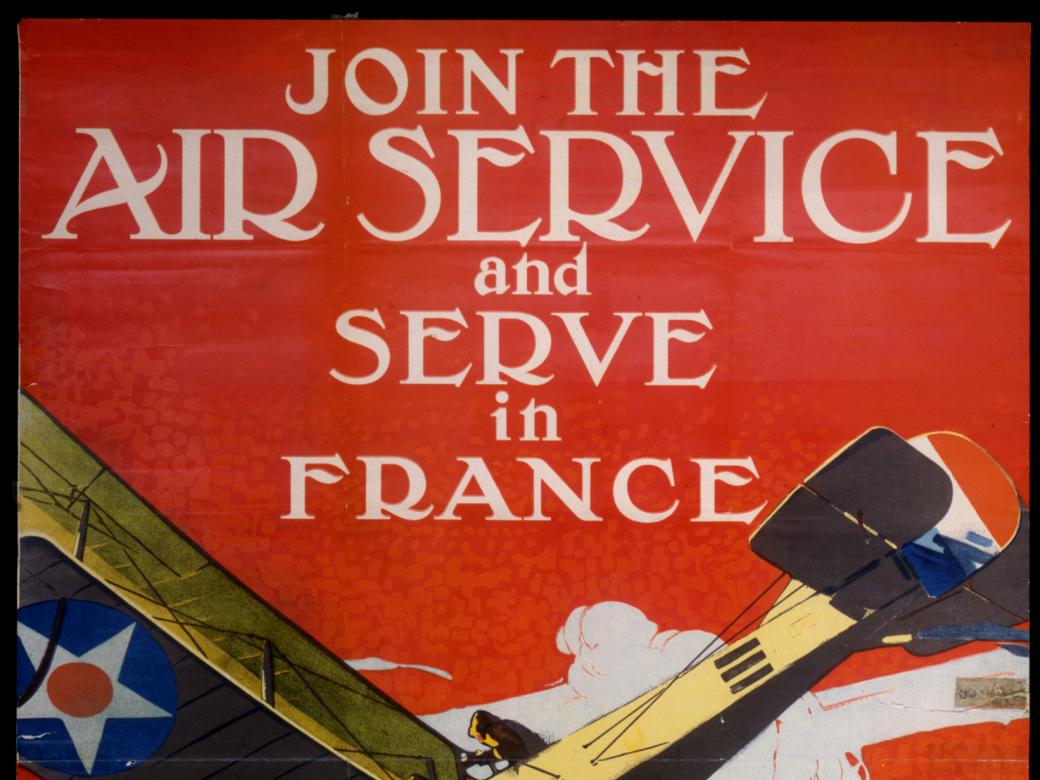 Poster with a plane, two men and text: "Join the Air Service and Serve in France" and "Do it now"