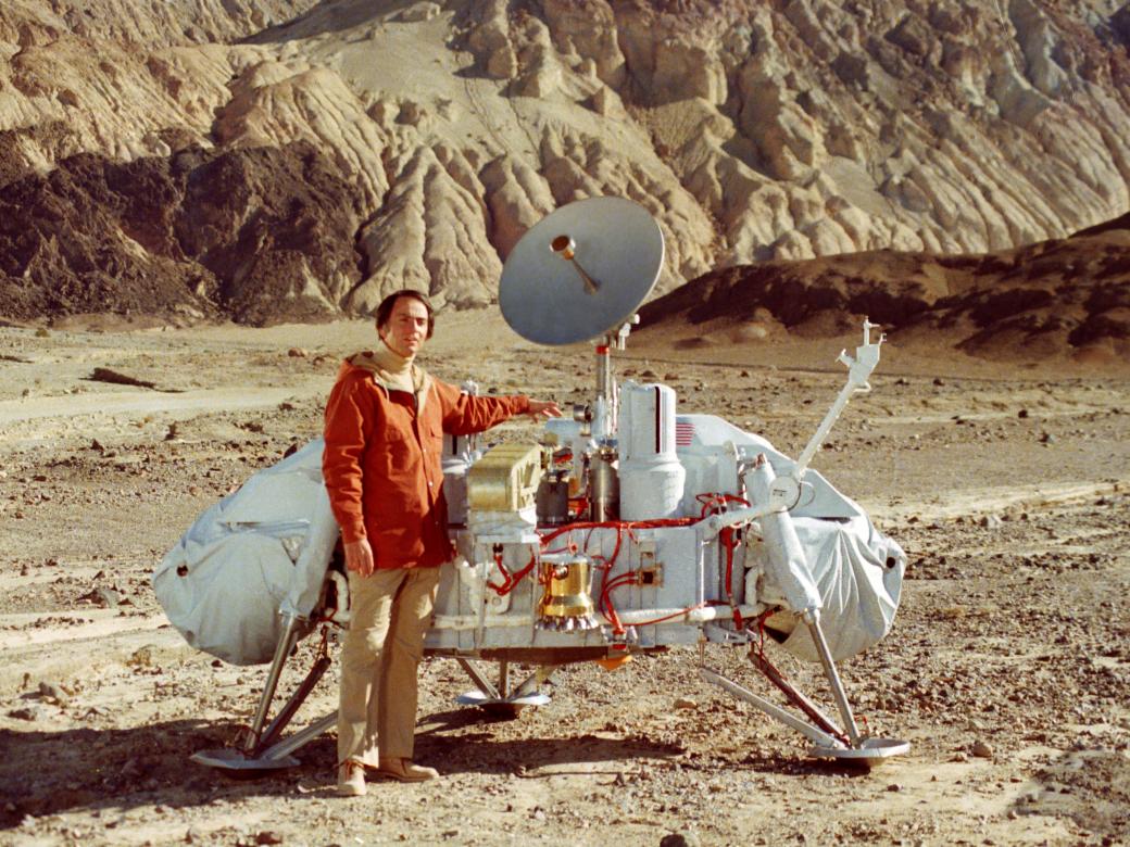 Carl Sagan in Front of the Viking Lander Mockup