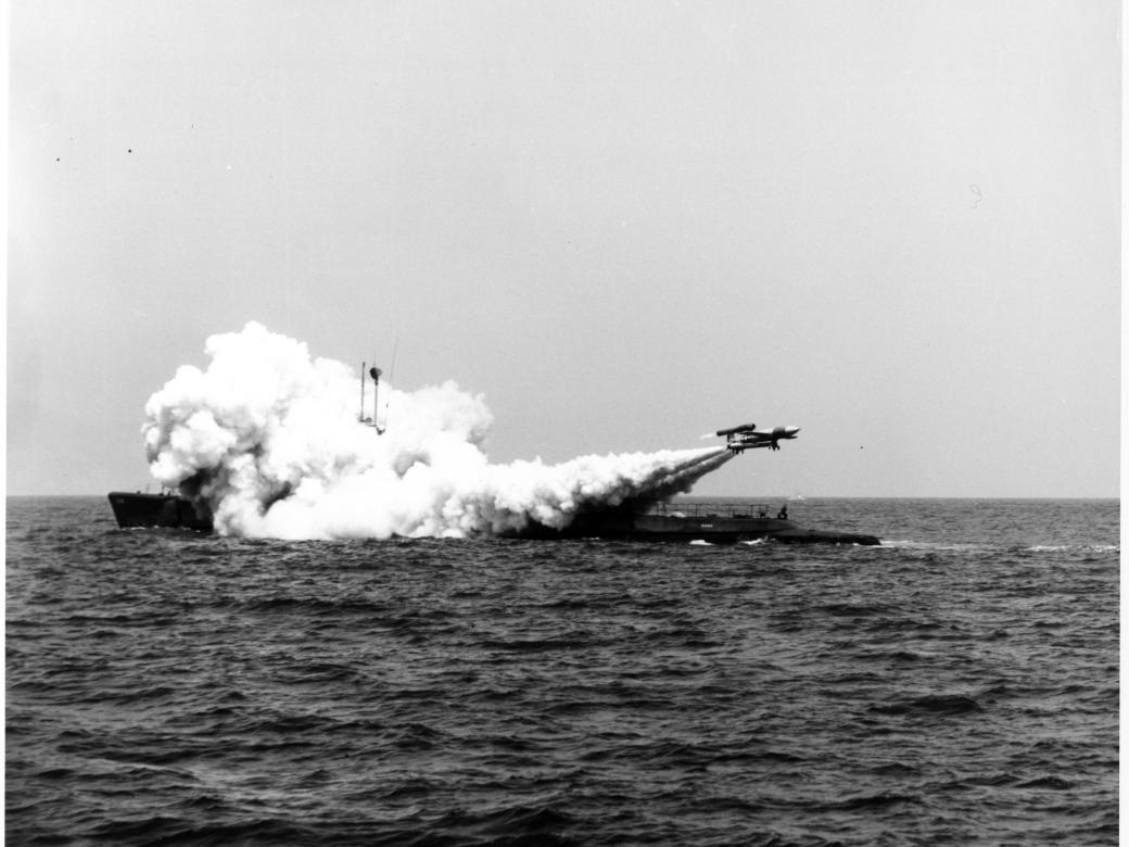 A Loon Missile moments after launch from the US Navy submarine USS Cusk as part of Project DERBY 