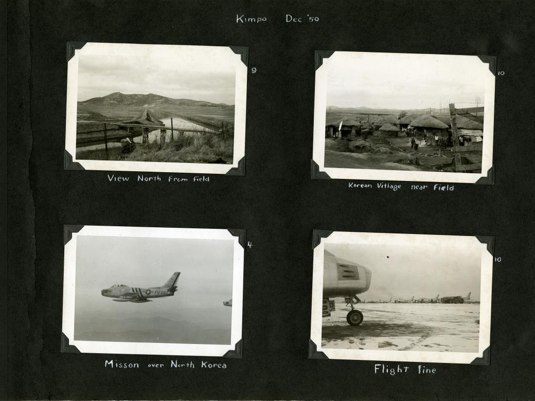 Black scrapbook page, four mounted photographs. Upper left: view of fields, a range of hills, a canal and a bridge. Upper right: villagers among thatched huts. Lower left: Left side view of Sabre in flight. Lower right: right side of aircraft more in back